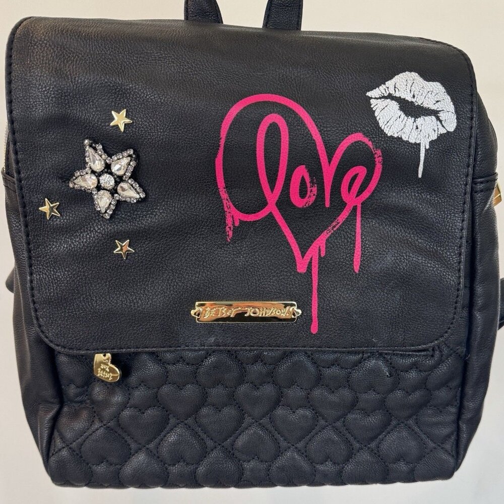 Betsey Johnson Chic Black Faux Leather Backpack - 90s Style School Bag